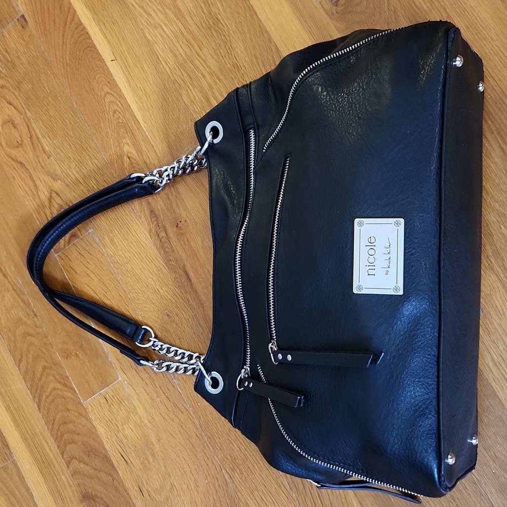 Nicole Miller Black and Silver Shoulder Bag with Chain Straps - Picture 11 of 16